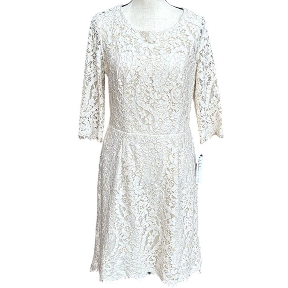 Nicole Miller NY Lace Midi Dress 14 Cream Black Floral Open Back Bow Cocktail